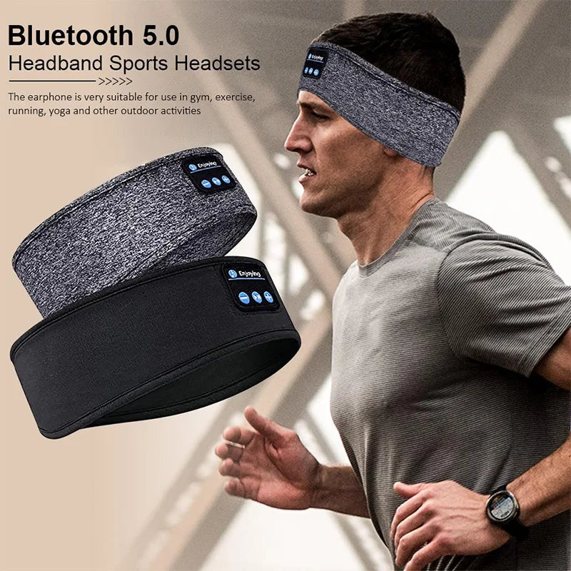 Bluetooth 5.0 Wireless Headband Headphones – Noise-Cancelling Sports & Sleep Eye Mask with Built-in Mic & Volume Control