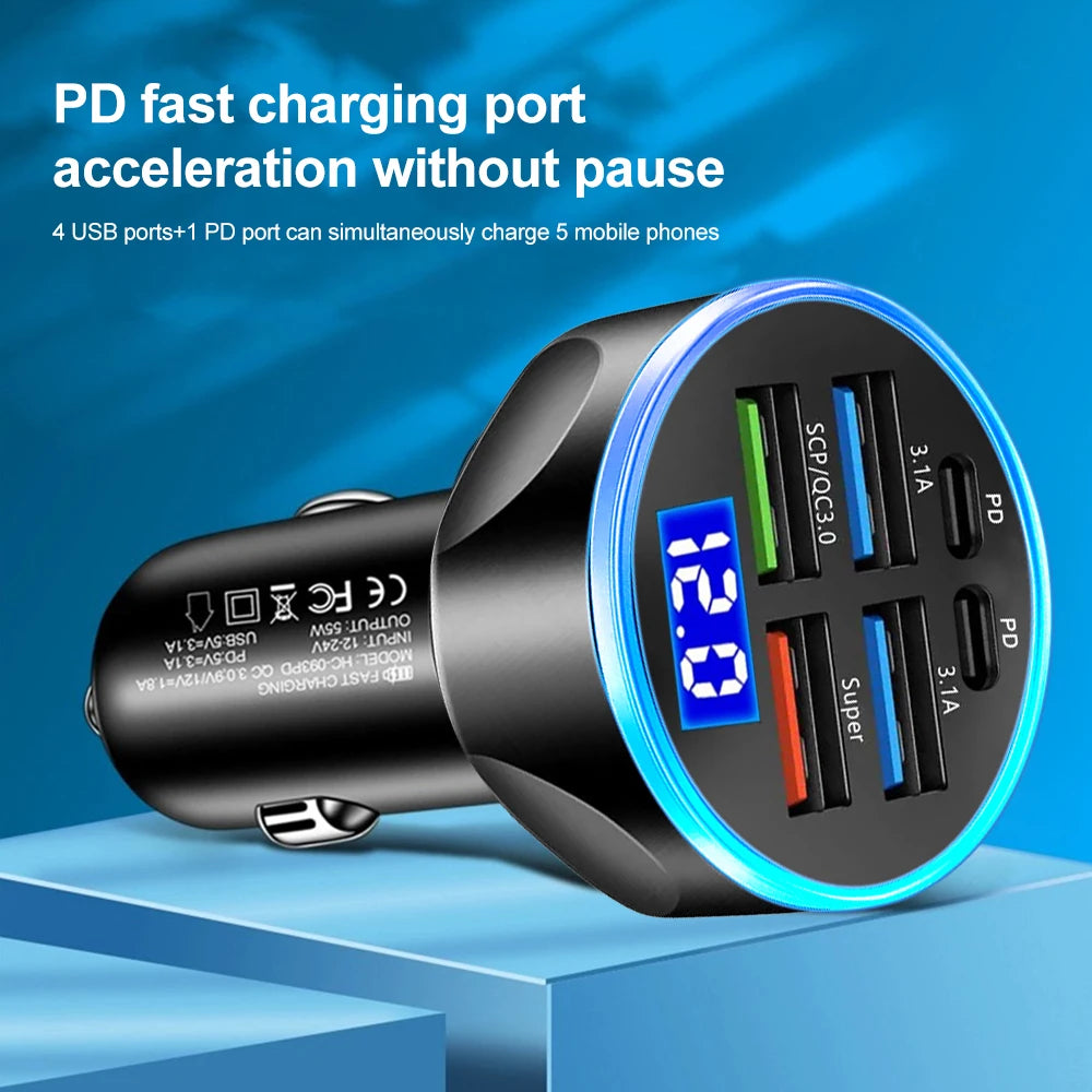 🚗 PowerPort Max™ 6-in-1 Fast Charging Car Hub | PD + QC3.0 + LED Voltage Display ⚡️