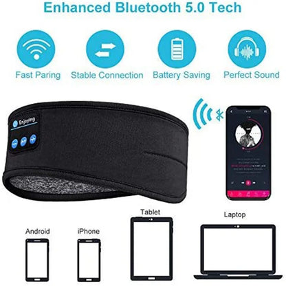 Bluetooth 5.0 Wireless Headband Headphones – Noise-Cancelling Sports & Sleep Eye Mask with Built-in Mic & Volume Control